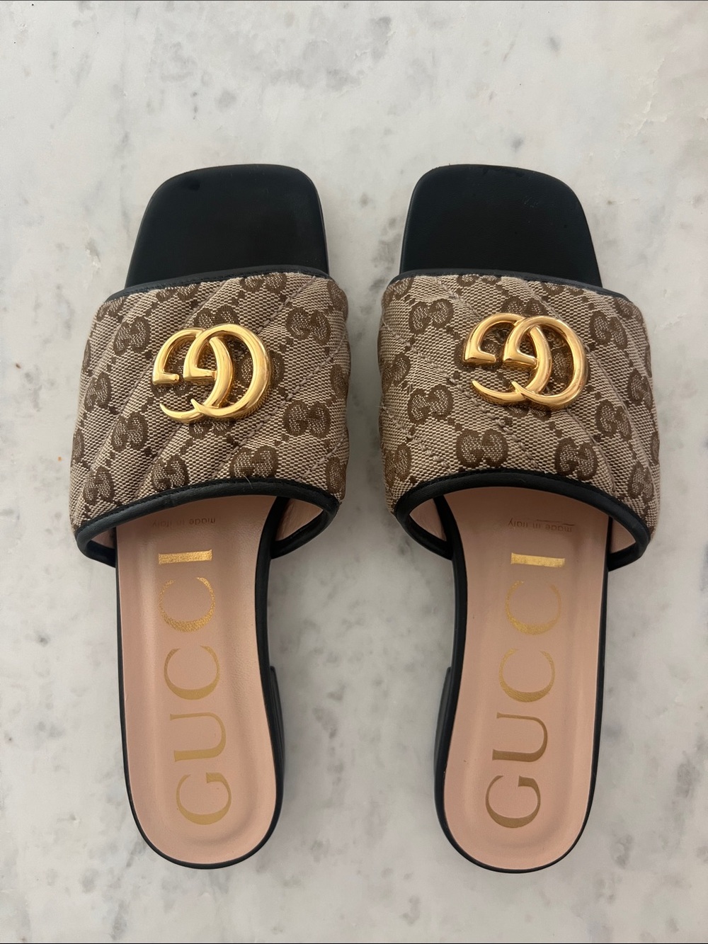 Gucci Beige Brown GG Canvas Slide Sandals with Gold Double G

Only worn one time